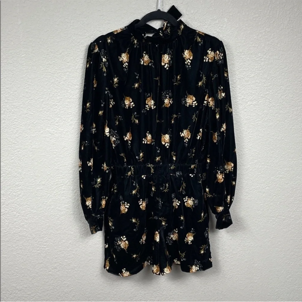 NWT Maje Inouk Floral Velvet Puff Sleeve Playsuit Black Floral Romper Sz 38